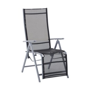 Schwarzer DELUKE Liegestuhl NATALI mit grauem Aluminiumgestell und schwarzem Kunststoffgewebe, verstellbar für Garten & Balkon.