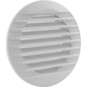 Weißes, rundes Marley Lüftungsgitter 160x125 mm zum Einbau in Rohr.