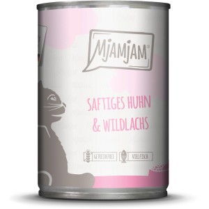Mjamjam Nassfutter Saftiges Huhn und Wildlachs, 400g Dose Katzenfutter.
