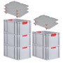 PROREGAL Spar Set: 5 graue Euroboxen mit roten Griffen und Auflagedeckel, gestapelt.