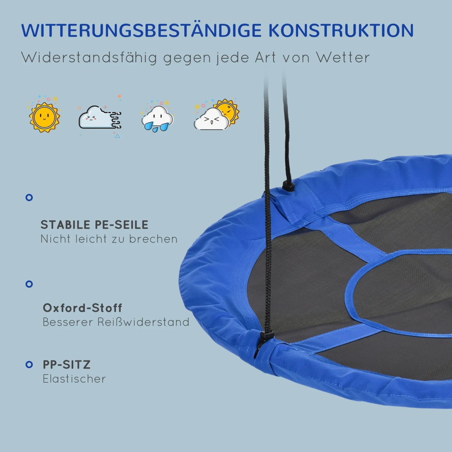 Blaue Outsunny Nestschaukel, Ø110cm, wetterfest und bis 100kg belastbar.
