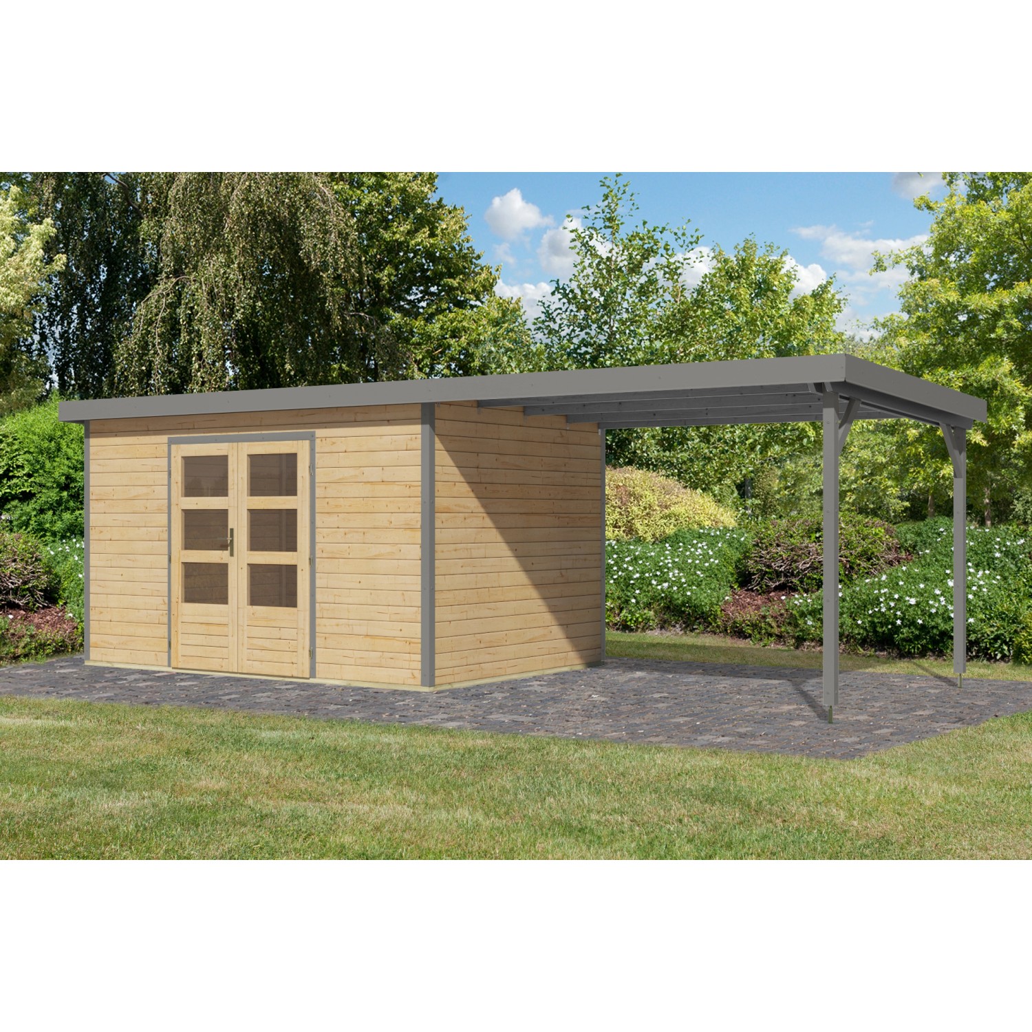 Karibu Gartenhaus Domingo 7 A m. Anbaudach Naturbelassen/Grau 219 x 360 x 2 günstig online kaufen