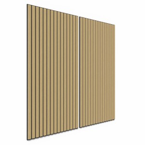 Zwei Akustikpaneele in Eiche Natur mit schwarzem Akustikfilz für Wandverkleidung.