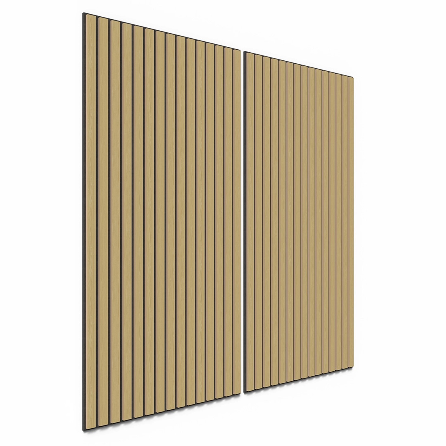 Zwei Akustikpaneele in Eiche Natur mit schwarzem Akustikfilz für Wandverkleidung.