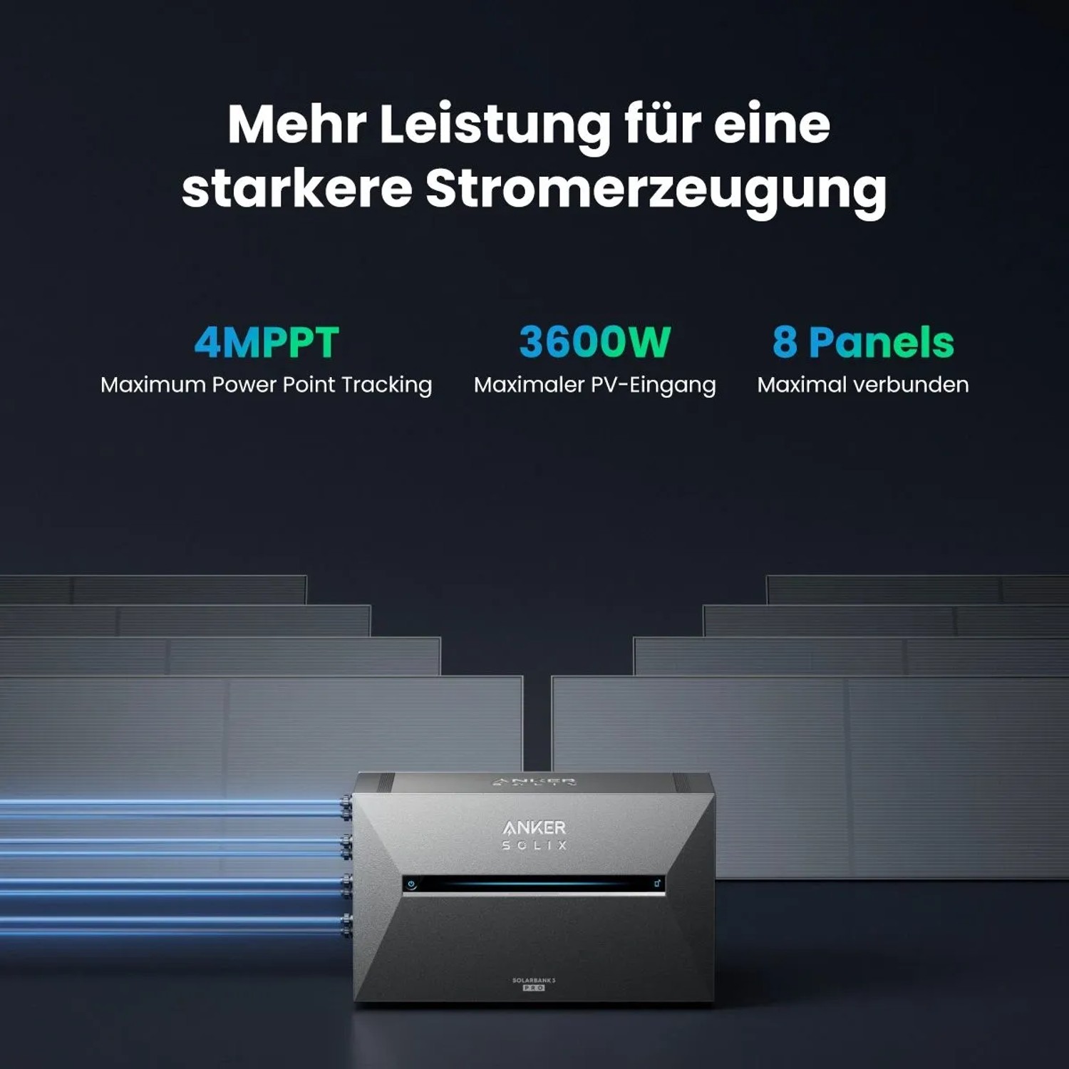Anker Solix Solarbank 3 E2700 Pro mit blauen Lichtstrahlen, symbolisiert 3600W PV-Eingang für Balkonkraftwerk.