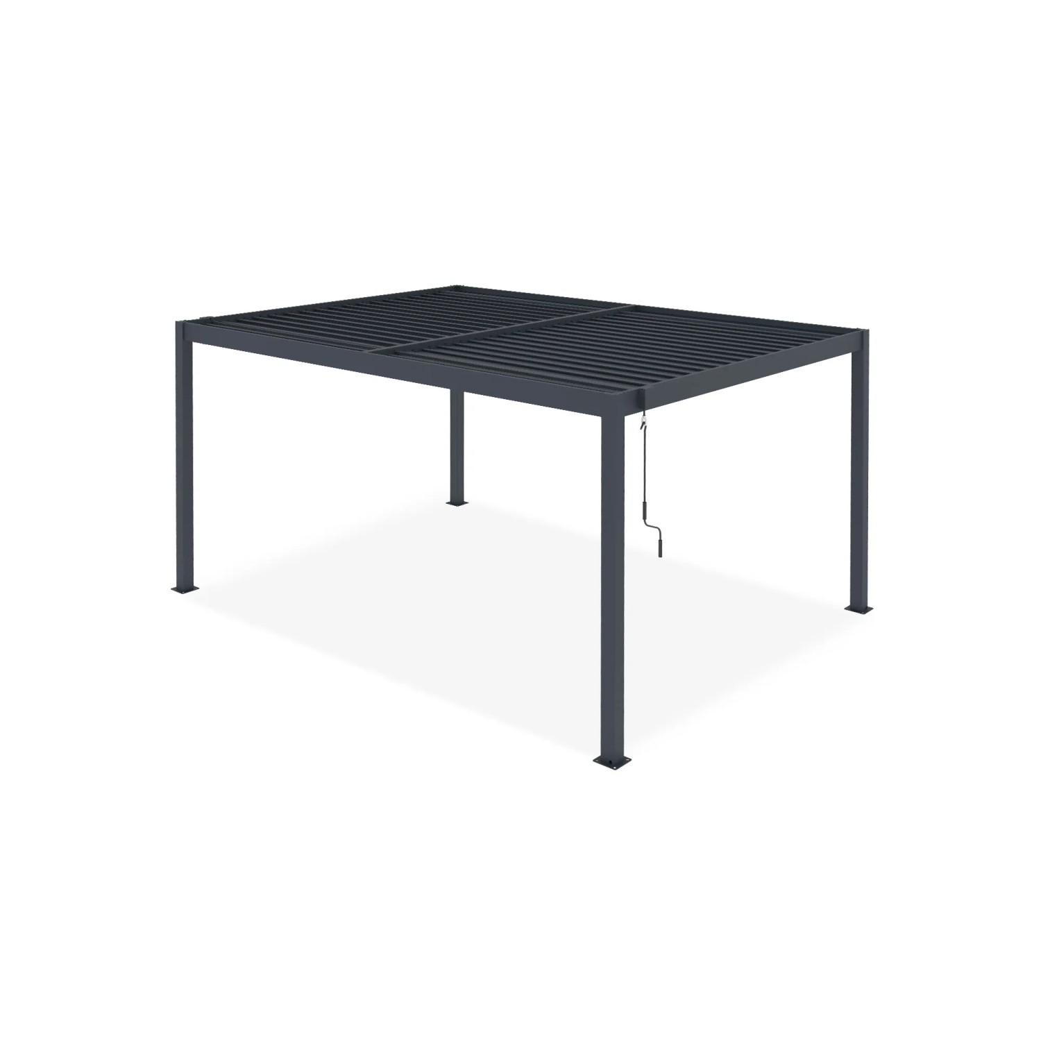 Freistehende, graue Cazeboo Piana Bioklimatische Pergola 4x3m aus Aluminium mit Stahl-Lamellen.