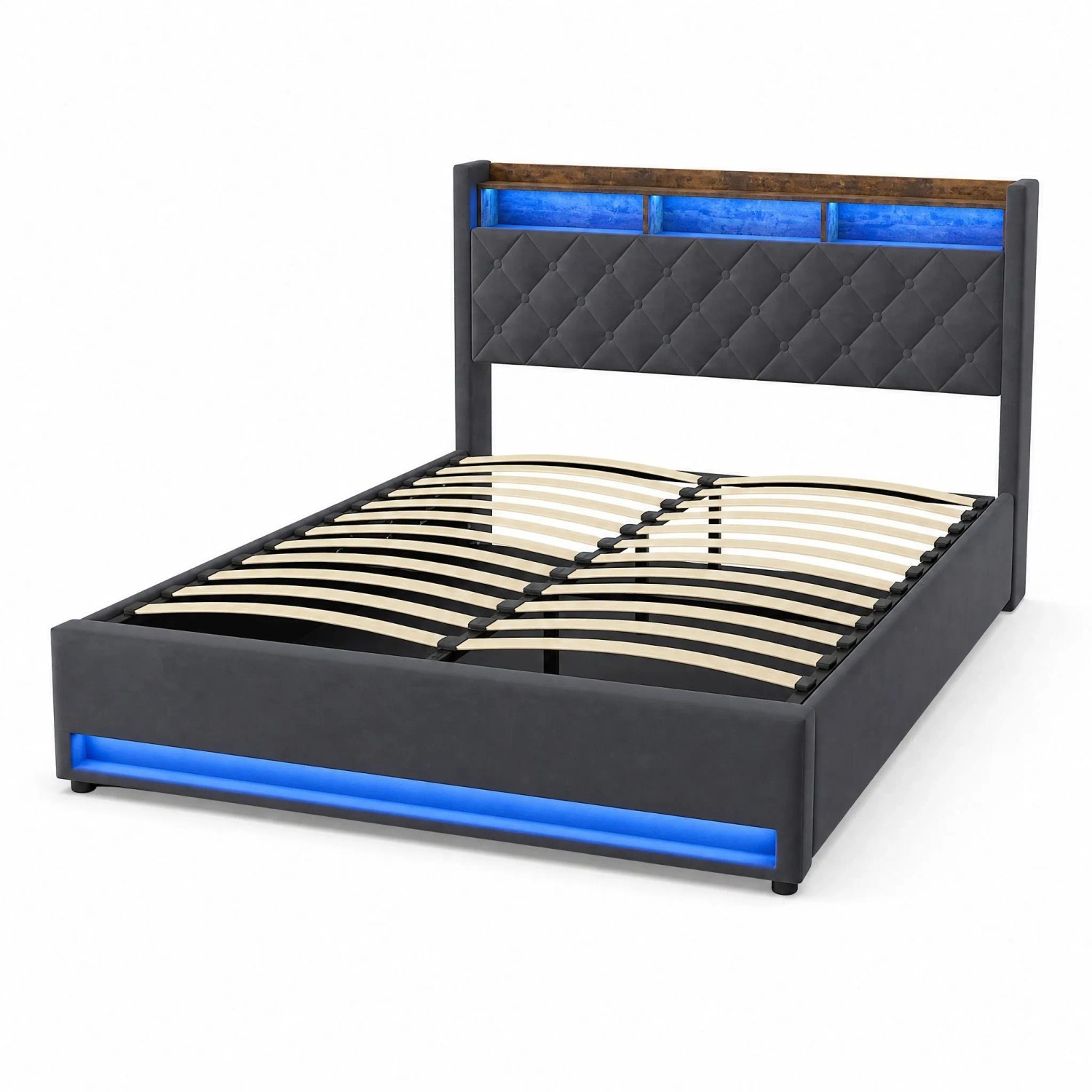 okwish Polsterbett mit LED Licht USB Steckdosen Schlafzimmer mit Matratze 160x 200 cm Grau