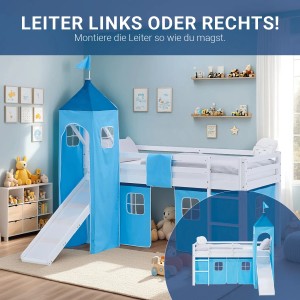 Homestyle4u Kinder Hochbett 90x200 Rutsche Lattenrost Vorhang Turm Blau 2993