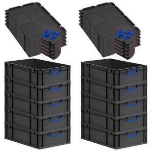 PROREGAL SparSet 10x Eurobox Nextgen Color Mit Auflagedeckel HxBxT 17x40x60cm 34 Liter Schwarz Griffe Blau Geschlossen Eurobehälter Transportbox