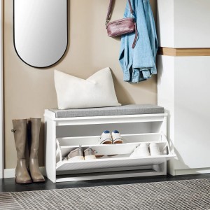 SoBuy Schuhbank Schmal mit Klappe Garderobenbank mit Sitzkissen Weiß FSR98-L-W