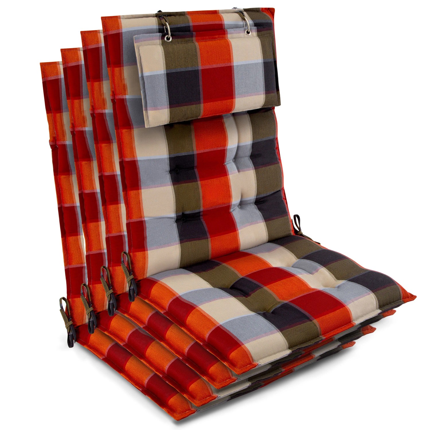 Beautissu 4er Set Sun-HL Hochlehner Auflage 120x50x8cm Orange-Beige-Kariert