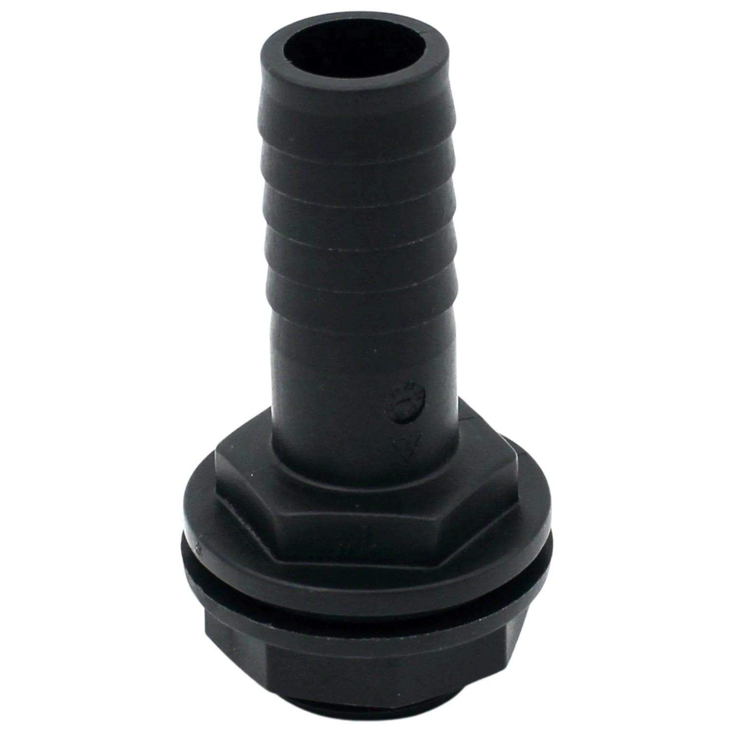 Schwarze Tankdurchführung 33,3 mm mit Schlauchtülle 25 mm für Regentonnen und Wassertanks.