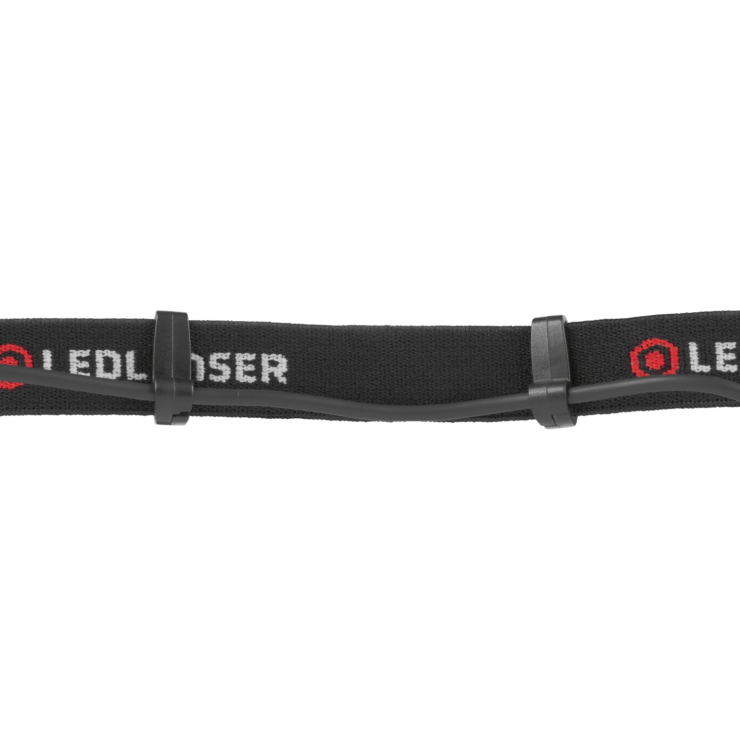Detailaufnahme: Schwarzes Kopfband der Ledlenser H4 LED Stirnlampe mit Kabelbefestigung.