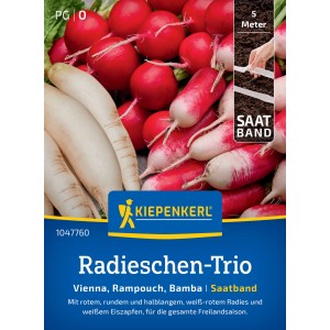 Kiepenkerl Radieschen-Trio Saatband mit roten, weißen und rot-weißen Radieschen.