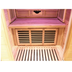 Innenansicht der Dewello Infrarotkabine Toronto aus Hemlock und Zeder mit Sitzbank und Karbonstrahler.