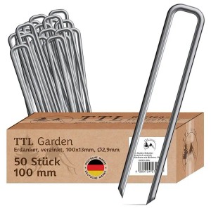 TTL GARDEN 50 x Erdanker 100 x 13 mm Ø 2,9 mm Stahl Verzinkt Bodenanker Heringe für Gartenvlies Unkrautvlies Vogelschutznetz Camping