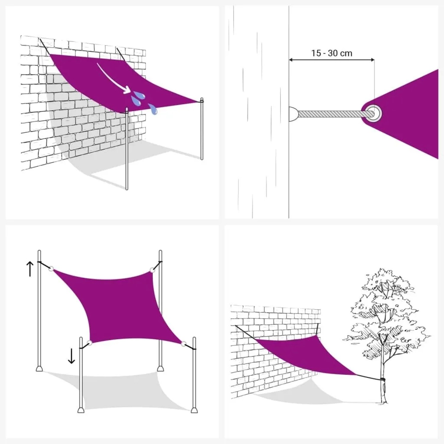 Quadratisches, creme-farbenes 3x3 m Sonnensegel aus Oxford-Gewebe, verschiedene Montage-Optionen dargestellt.