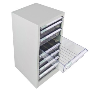 PROREGAL Schubladencontainer Kobra, Lichtgrau, mit 8 transparenten Schubladen, eine Schublade ist geöffnet.