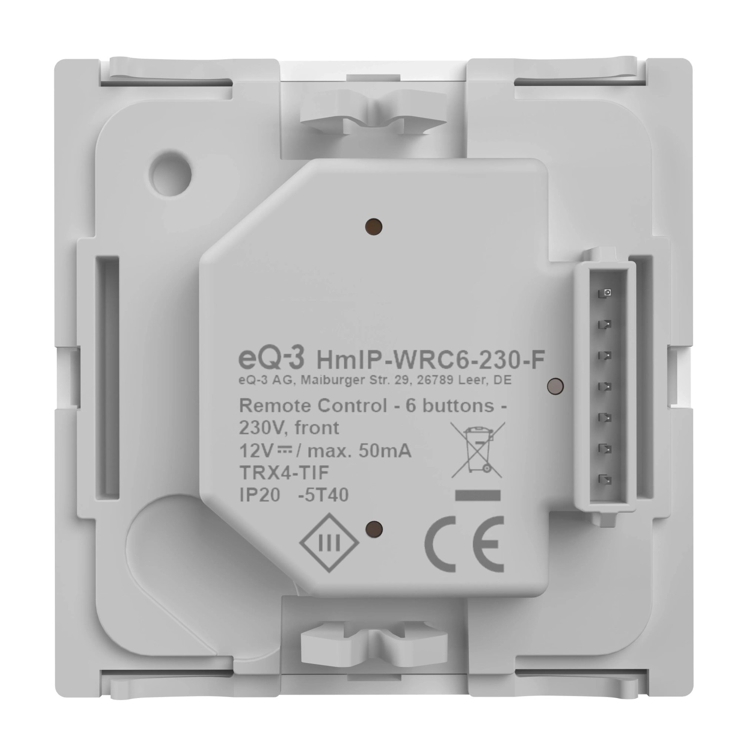 Rückseite des weißen Homematic IP Wandtasters 6-fach 230 V mit Anschlüssen für die Hausautomation.