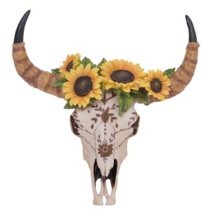 Deko Schädel mit Sonnenblumen, 42 cm, für In- und Outdoor, aus Polyresin.