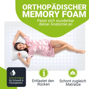 Juskys Topper 160x200 cm: Frau schläft entspannt auf der Matratzenauflage aus Memory Foam.