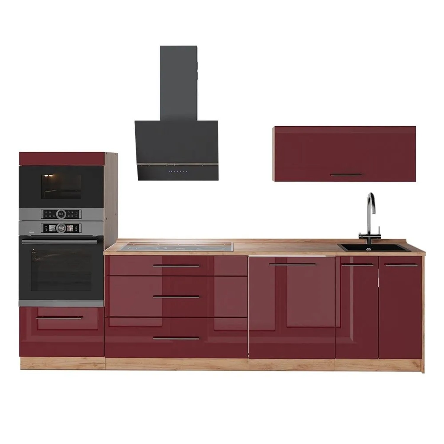 Vicco Küchenzeile Fame-Line Bordeaux Hochglanz/Goldkraft Eiche 280 x 154 AP Eiche Art Nr 64696