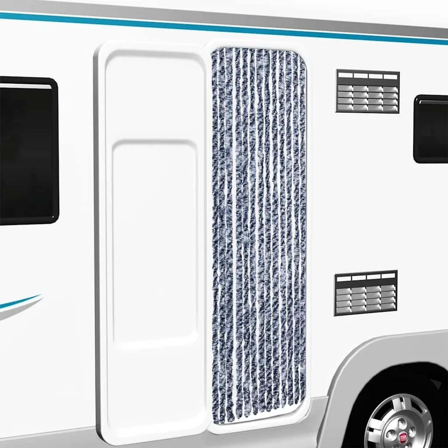 Blau-weißer Insektenschutz-Vorhang aus Chenille (56x200 cm) am Wohnwagen.