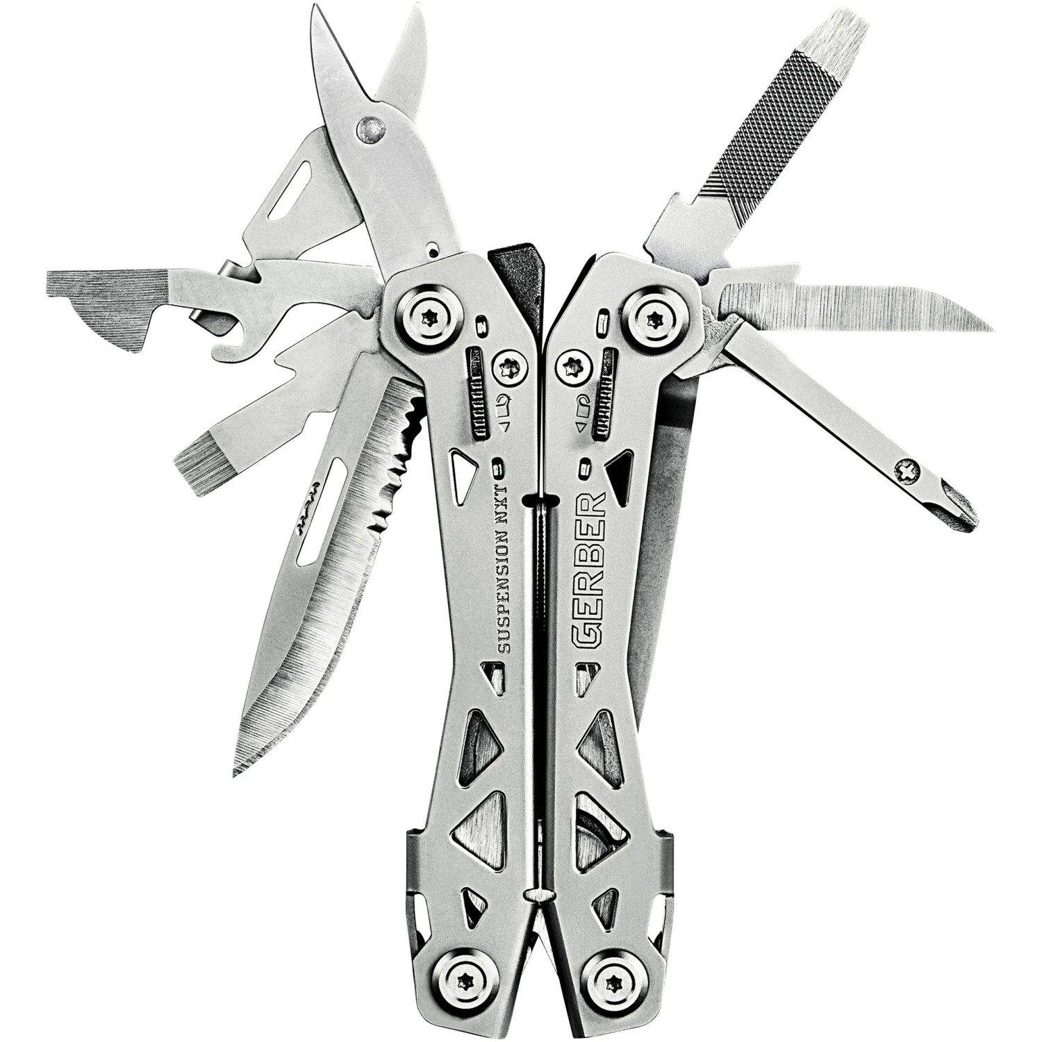 Geöffnetes Gerber Multi-Tool Suspension Nxt mit 15 Werkzeugen aus Edelstahl.