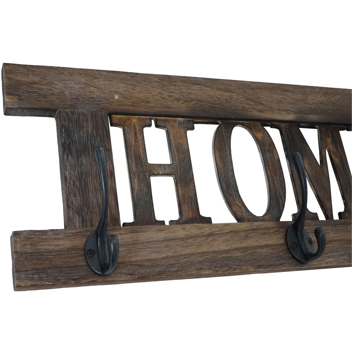 Wandgarderobe C60 im Shabby-Look Braun mit Schriftzug HOME und 3 Doppelhaken.