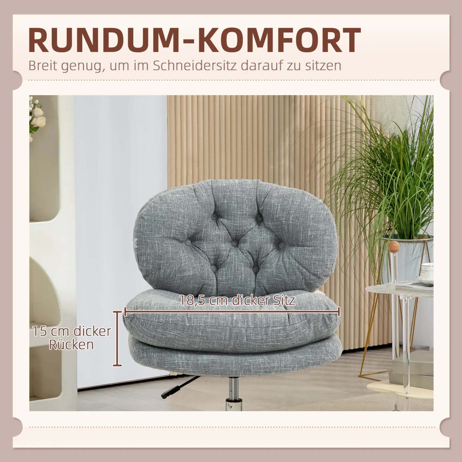 Grauer HOMCOM Bürostuhl mit Knopfheftung, Stahlrahmen und Polyesterbezug. Bequemer Drehstuhl.