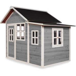 Graues EXIT Loft 150 Holzspielhaus mit schwarzem Dach und weißen Fensterrahmen.