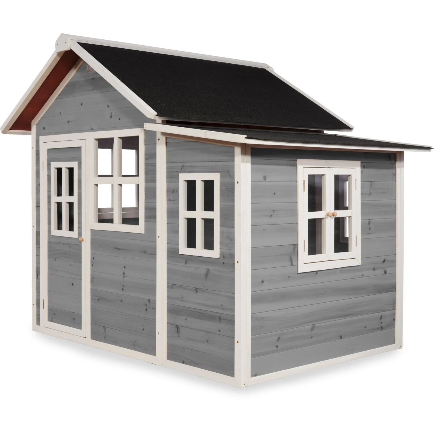 Graues EXIT Loft 150 Holzspielhaus mit schwarzem Dach und weißen Fensterrahmen.