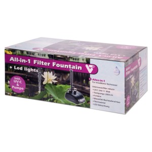 Produktverpackung der All-in-one Filter Fountain mit Pumpe, UV-C Lampe und LED Spots für Teiche.