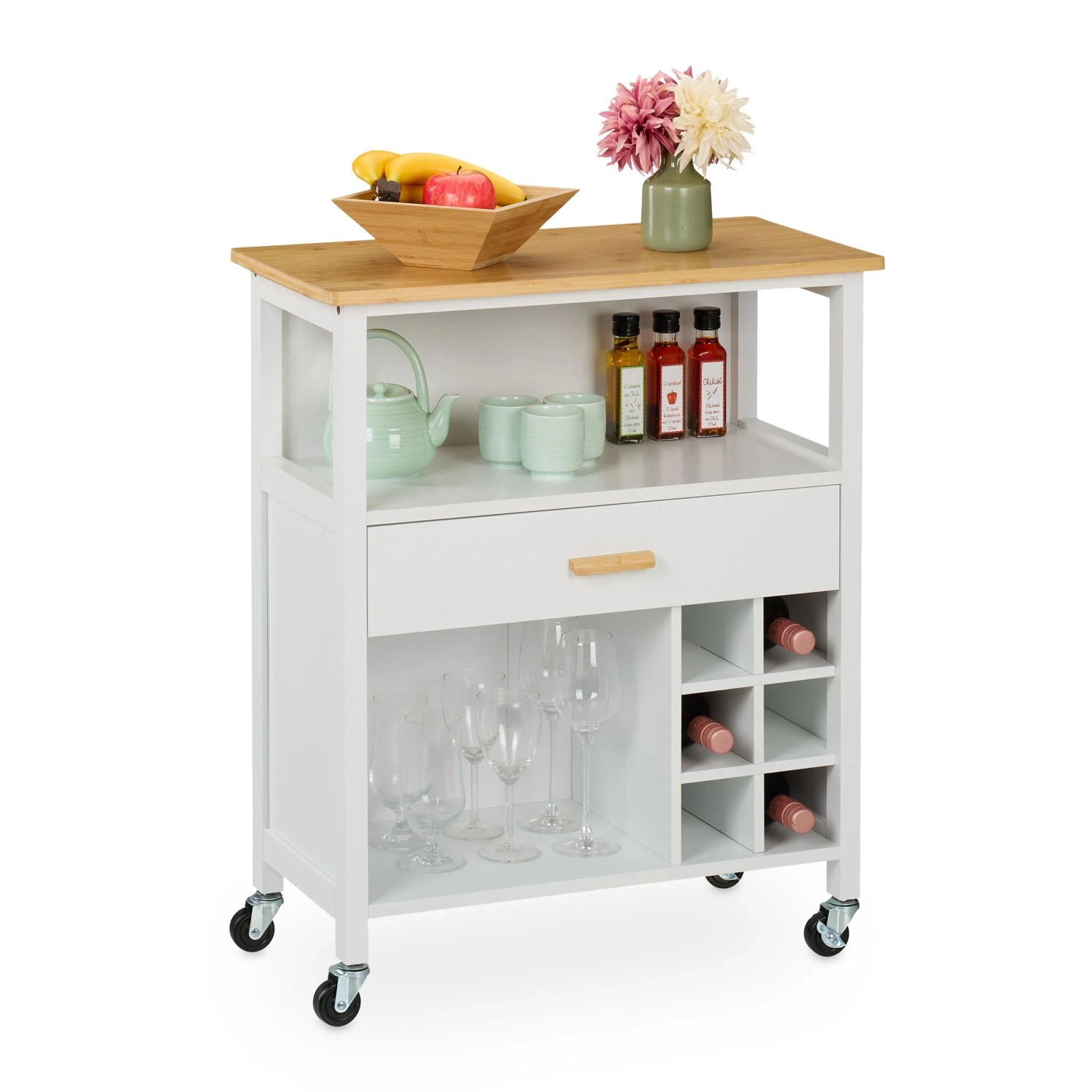 Relaxdays Küchenwagen MDF Bambus Weiß Rollbar mit Weinregal und Schublade 80 cm x 65 cm x 35 cm 15,5 kg