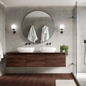 Bad mit ML-Design Vinylboden in Rot-Braun Nuss, selbstklebend und wasserfest.