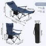 Blaues WOLTU Campingstuhl 2er Set mit Lehne, Fußstütze, Getränkehalter. Zeigt Stuhl sitzend, liegend & Tragetasche.