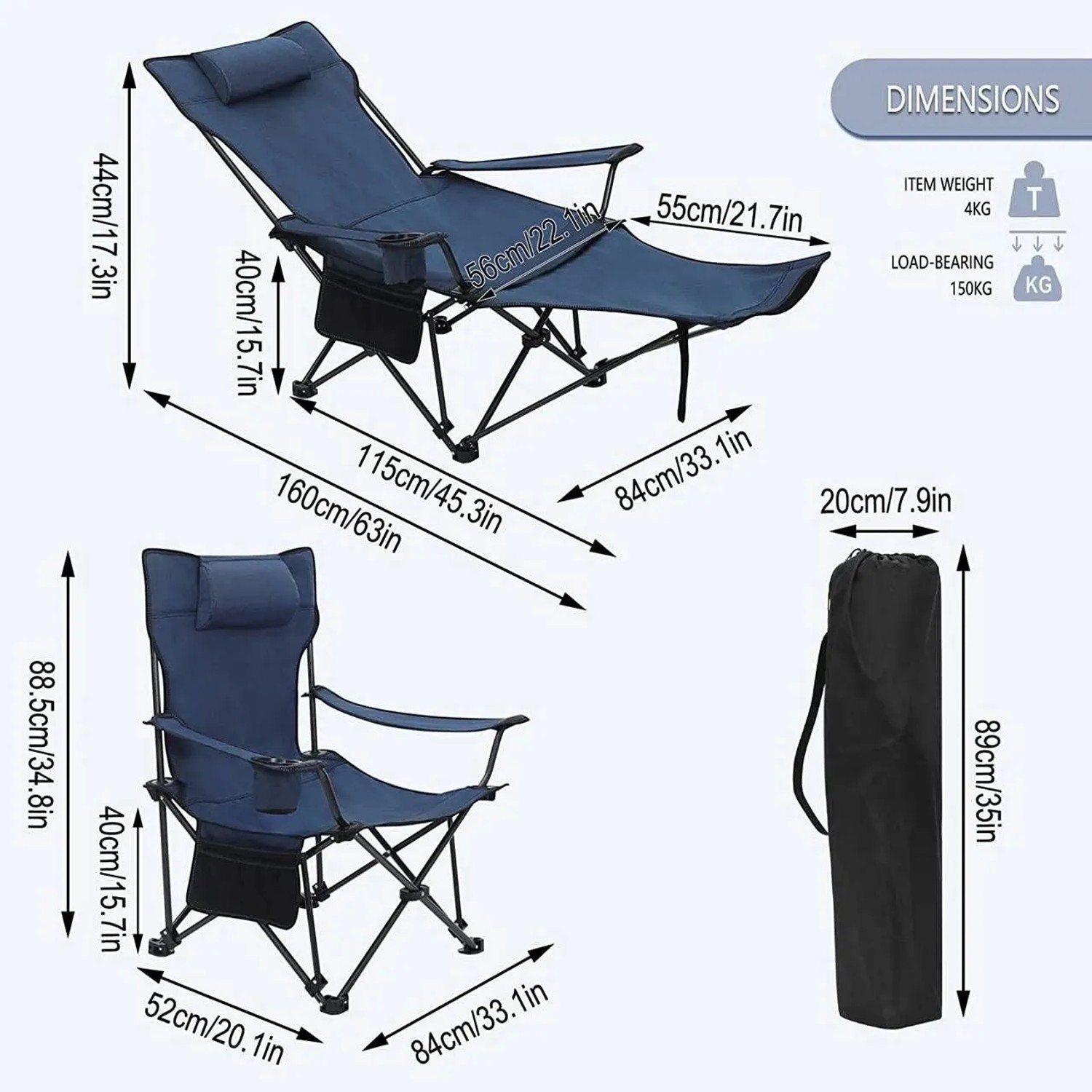 Blaues WOLTU Campingstuhl 2er Set mit Lehne, Fußstütze, Getränkehalter. Zeigt Stuhl sitzend, liegend & Tragetasche.