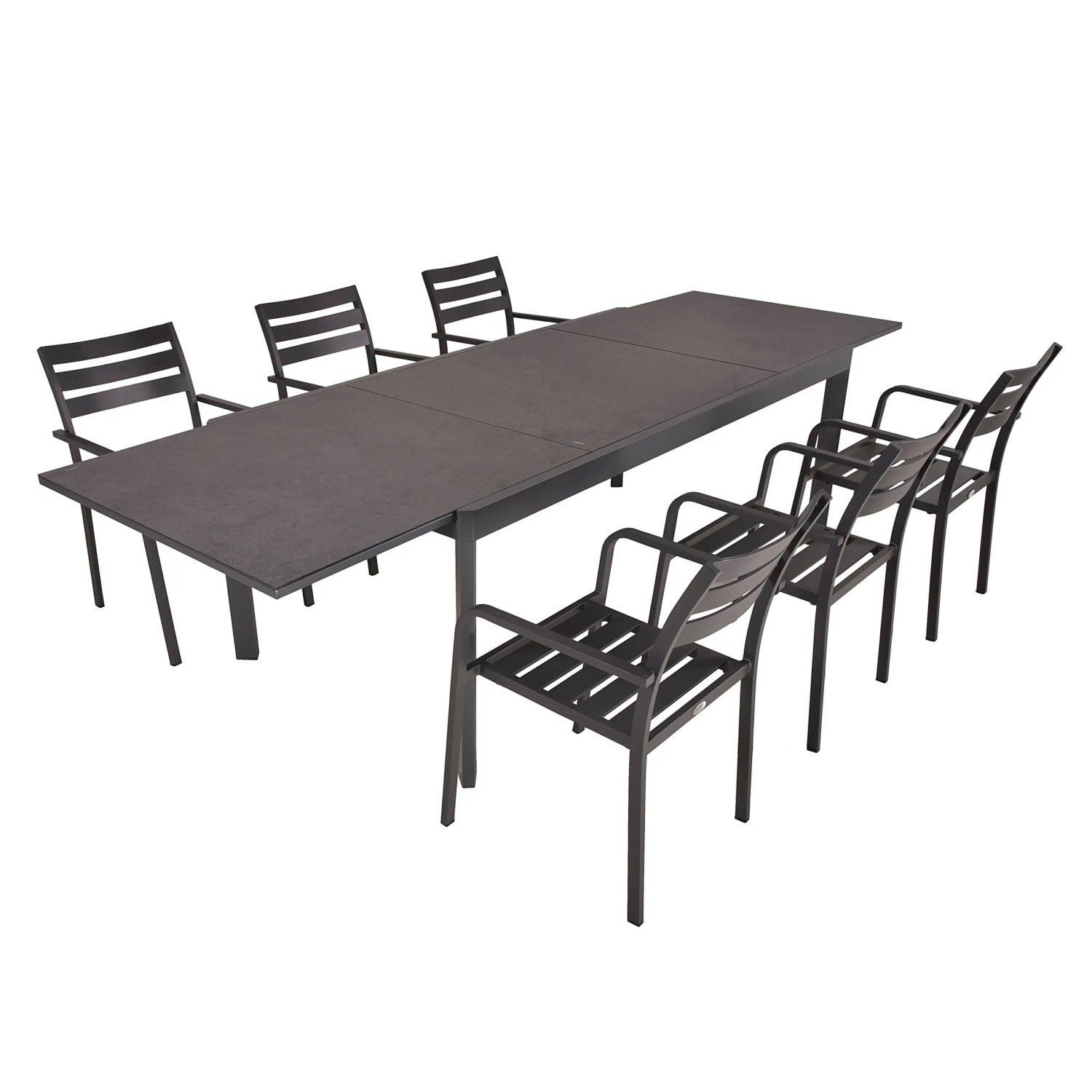 DELUKE Garten-Sitzgruppe EGON 7-tlg. Kunststoff Grau Gartenmöbel-Set Gartengarnitur Garten-Essgruppe Stapelstühle Esstisch Ausziehbar