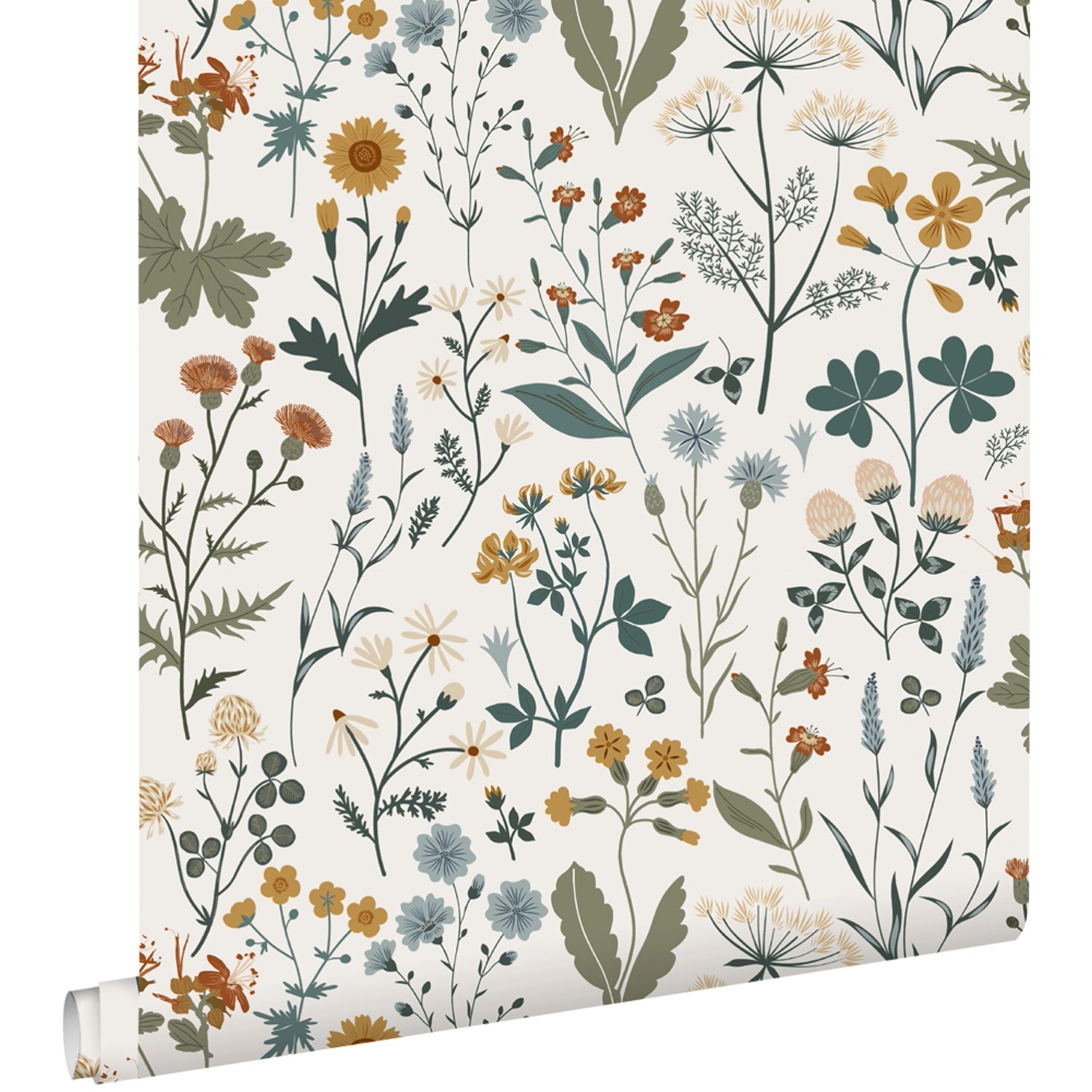 ESTAhome Tapete Feldblumen Ockergelb Graugrün und Vintage Blau 53 cm x 10.0 günstig online kaufen