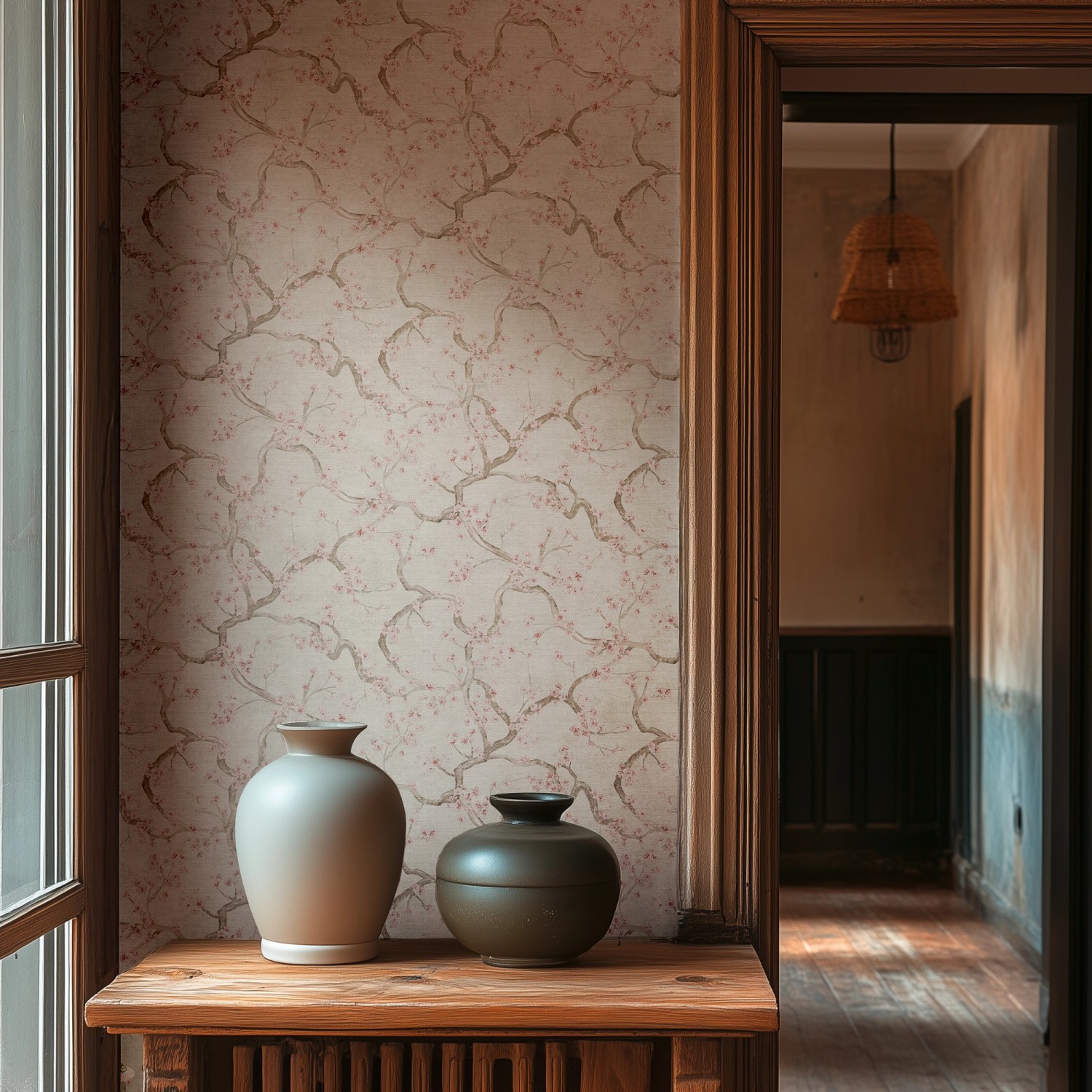 A.S. Creation Vliestapete Blütenmuster Creme-Rosa im Raum mit Vasen dekoriert.