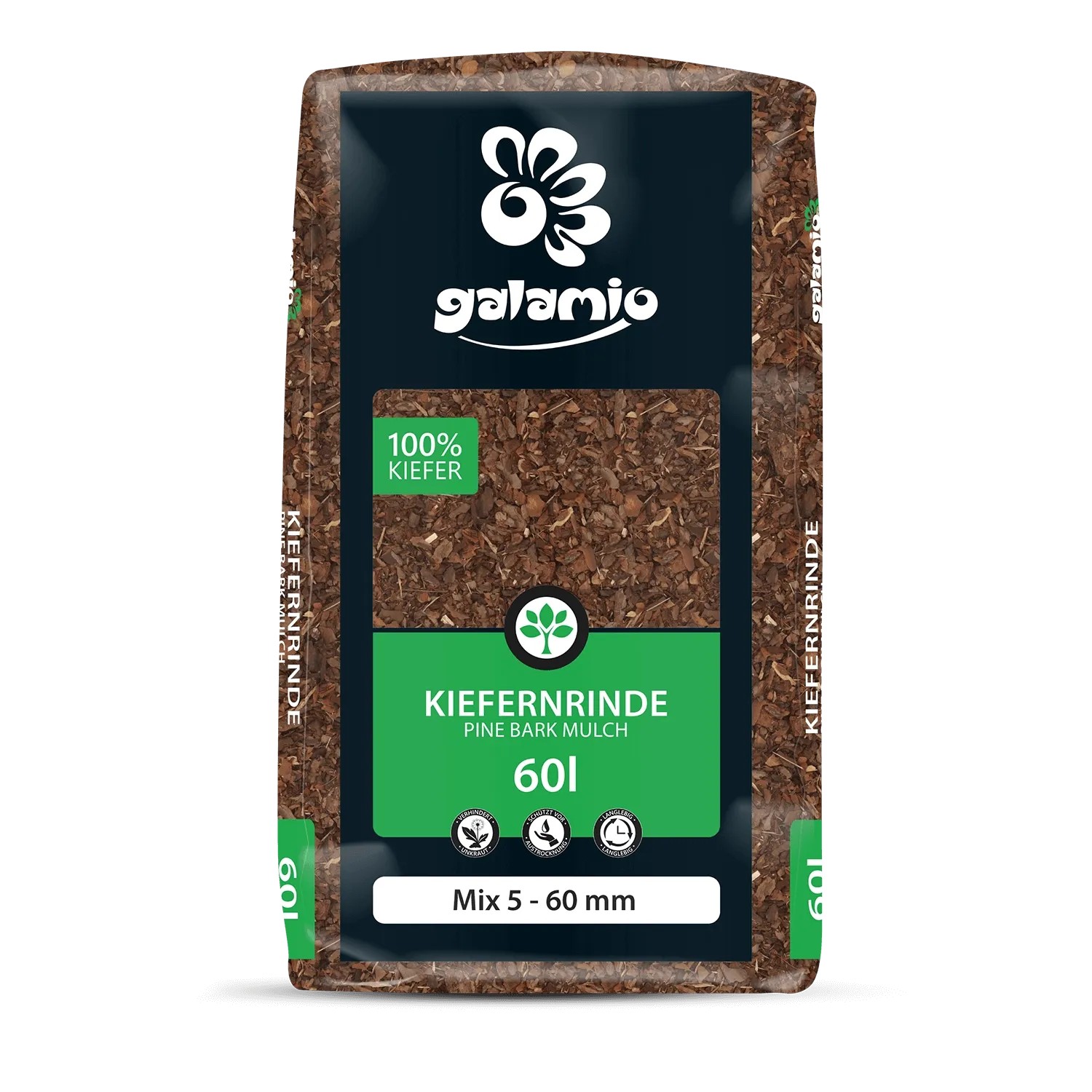 Galamio Kiefernrinde 60l, dunkler Rindenmulch aus Kiefer für Garten und Beete, Körnung 5-60 mm.