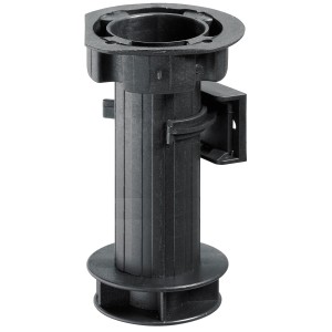 Schwarzer Hettich Sockel-Verstellfuß, höhenverstellbar 150-170 mm, mit Klip für Möbel.