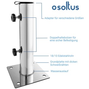 osoltus Universal Schirmrohr aus Edelstahl mit quadratischer Grundplatte, Adaptern und Doppelhaltebolzen für Schirmständer.