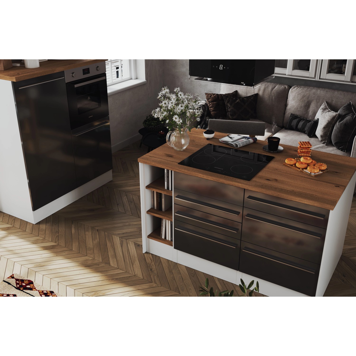 Respekta Inselküche Gabriel, 290 cm, Grau Hochglanz mit Kochfeld, Backofen und Inselhaube.