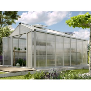 Vitavia Gewächshaus Zeus Comfort 13800 mit Alu-Rahmen und geöffneter Tür im Garten.