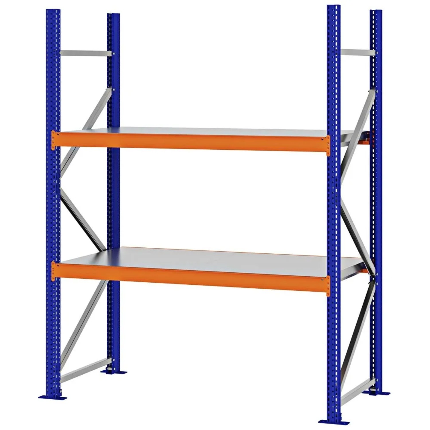 PROREGAL Weitspannregal Schraub-Stecksystem MAGNUS PRO Made In Germany Grundregal 200x150x60cm 2 Ebenen Stahlböden Fachlast 750kg Blau/Orange