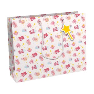 Clairefontaine Geschenktasche Shopper mit bunten Geschenk- und Zauberstabmotiven, gelbem Anhänger.