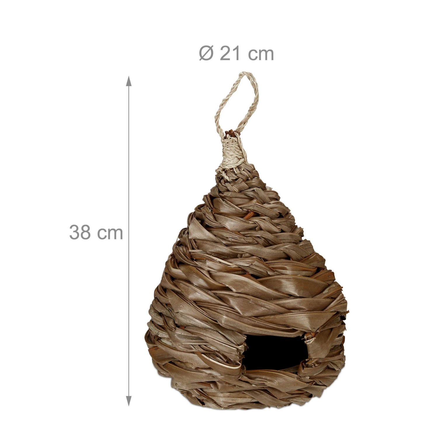 Vogelnest aus Kokosfaser, naturfarben, 38 cm hoch, mit Flugloch und Aufhängeschlaufe. Ideal als Nistkasten.