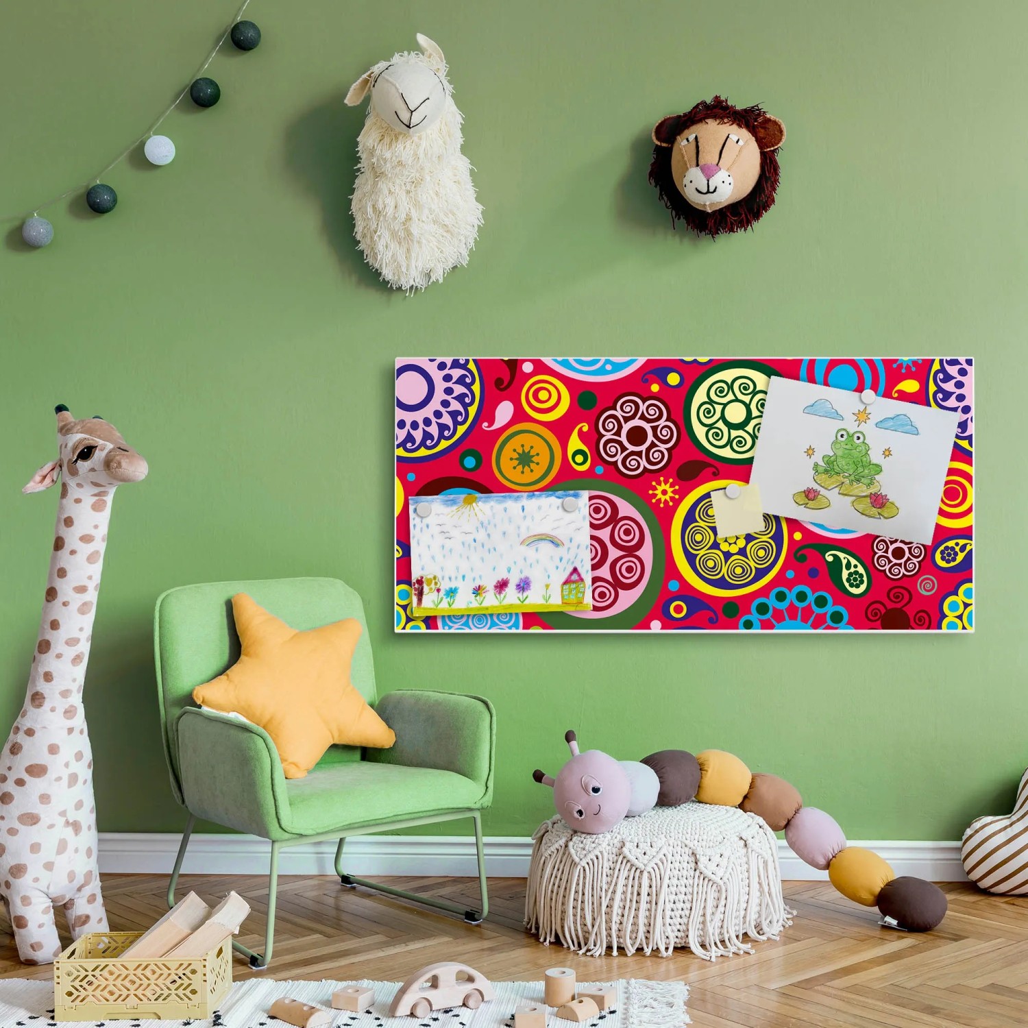 Weiße Magnettafel 78x37cm mit Retro Kreisen als Wanddeko, inklusive Magnete.