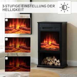 Schwarzer BALDERIA Elektrokamin mit 3D-Flammeneffekt und Helligkeitsstufen.